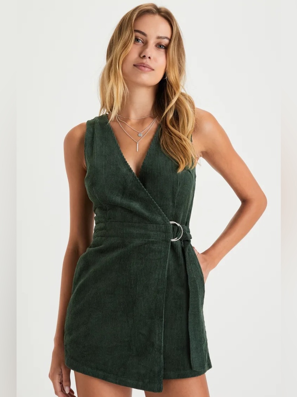 Lulus Absolutely Cute Dark Green Corduroy Faux-Wrap Skort Romper Size XXS NWT